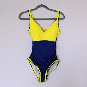 Aidonger Colorblock One Piece Swimsuit Women S Yellow Navy Ruched Ric Rac Trim